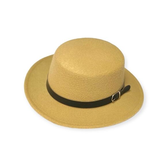 Trendy Round Flat Top Crown Stiff Brim Black Buckle Band Camel Tan Hat NEW - Picture 1 of 4